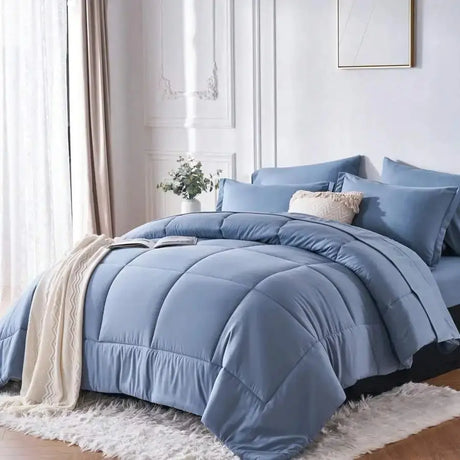 Solid Blue Microfiber Comforter Set Queen - Lightweight, All-Season, 4-Piece Bedding Allen Cozy Haven Store
