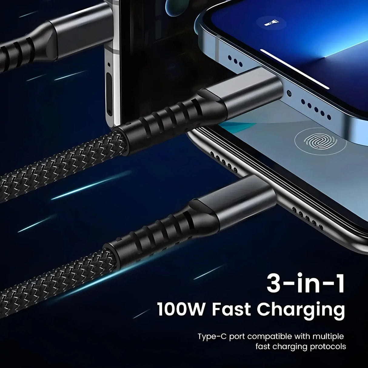Transparent Luminous 3-in-1 Super Fast Charging Cable Compatible with iPhone 15/14/13, Type-C, and Micro USB-Allen Cozy Haven Store