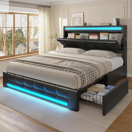 US Shipping Queen Bed Frame with Storage Headboard 4 Drawers LED Lights Charging Station Leather Upholstered Platform Bed No Allen Cozy Haven Store