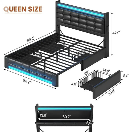 US Shipping Queen Bed Frame with Storage Headboard 4 Drawers LED Lights Charging Station Leather Upholstered Platform Bed No Allen Cozy Haven Store