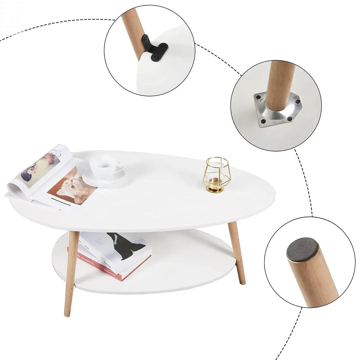 Vabches Coffee Table Oval Wood End Table with 2 Tier Open Storage Shelves White Modern Sofa Side Table for Living Room Furniture Allen Cozy Haven Store