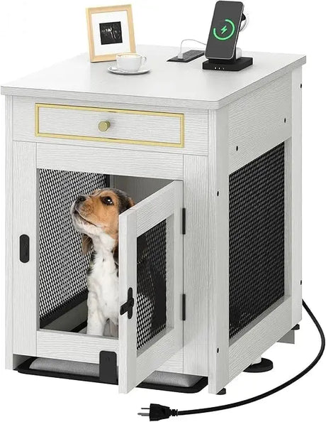 Wooden Dog Crate Furniture with Dual USB Ports, End Table for Small Dogs featuring Tray and Cushion Allen Cozy Haven Store